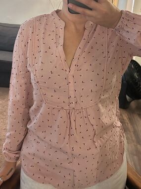 Pink Floral Print Long-Sleeve Women's Blouse